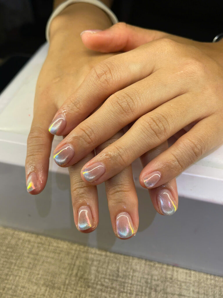 Short nails with holographic chrome lines at Art Spa 2, Hoi An